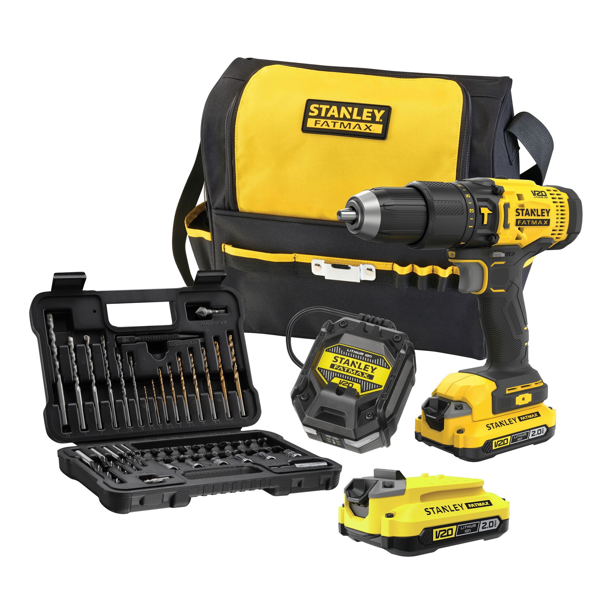 Stanley SFMCD711DSA FATMAX® V20 akkus ütvefúró-csavarozó (2 x 2.0 Ah Li-ion akkuval, szerszámtáskában) + 50 darabos tartozék készlet termék fő termékképe